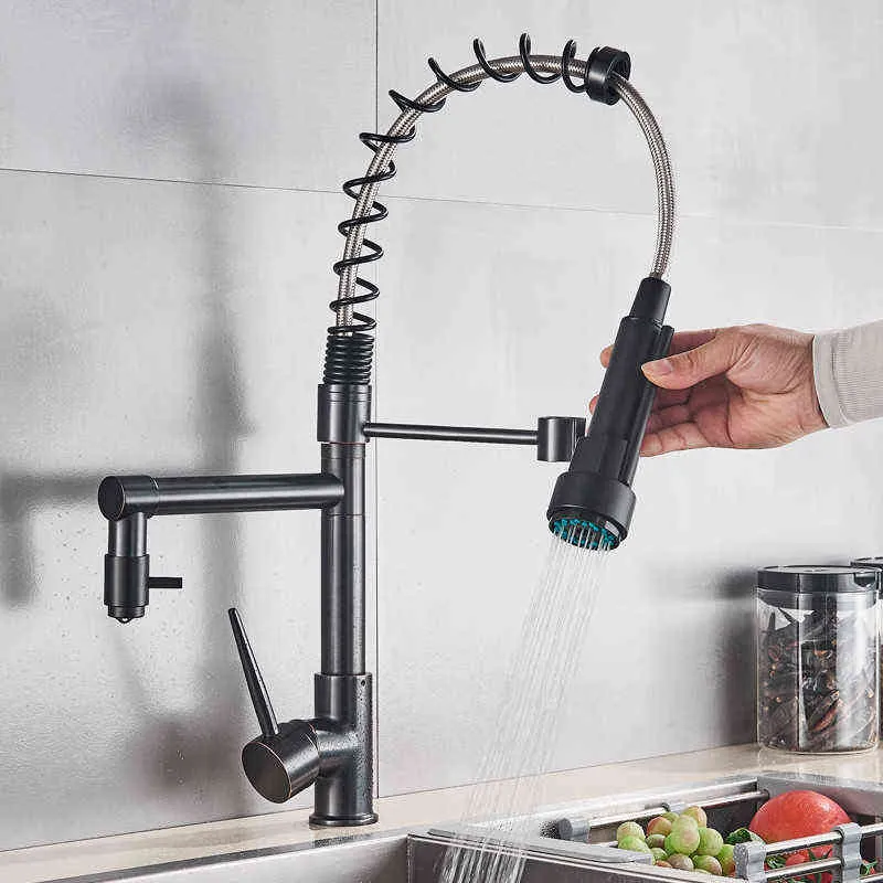 Svart brons utdragningsspray singelhandtag Double Outlet Kitchen Sink kran Montera en 360-graders roterande kran på däck 211108
