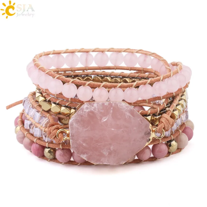 CSJA Pulseira de Pedra Natural Rosa Quartzo Couro Envoltório Pulseiras para Mulheres Rosa Gems Contas de Cristal Bohemia Jóias 5 Strand S308 220258M