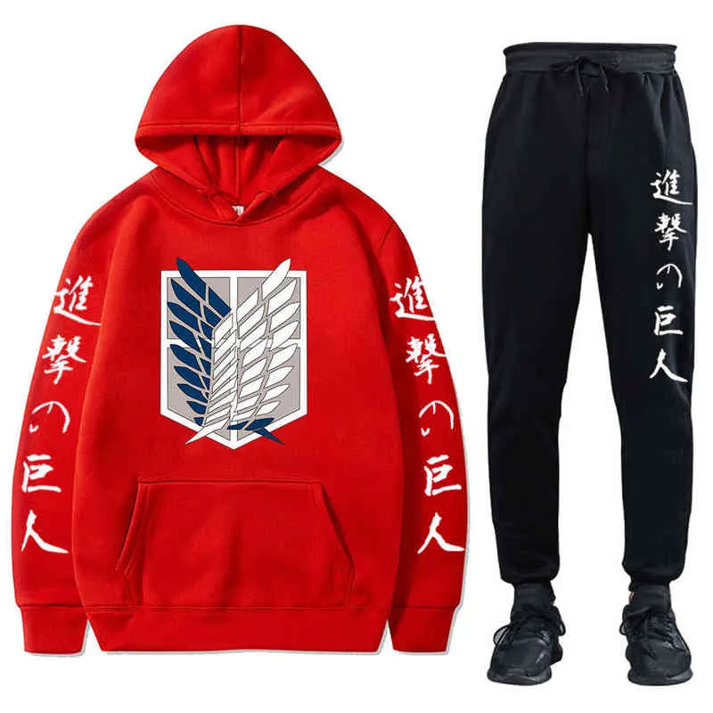 Unisex Anime Attack op Titan Trainingspakken Twee stukken Set Hoodies en Broek Herfst Winter Sweatshirt Solid Color Jogging Suits H1227