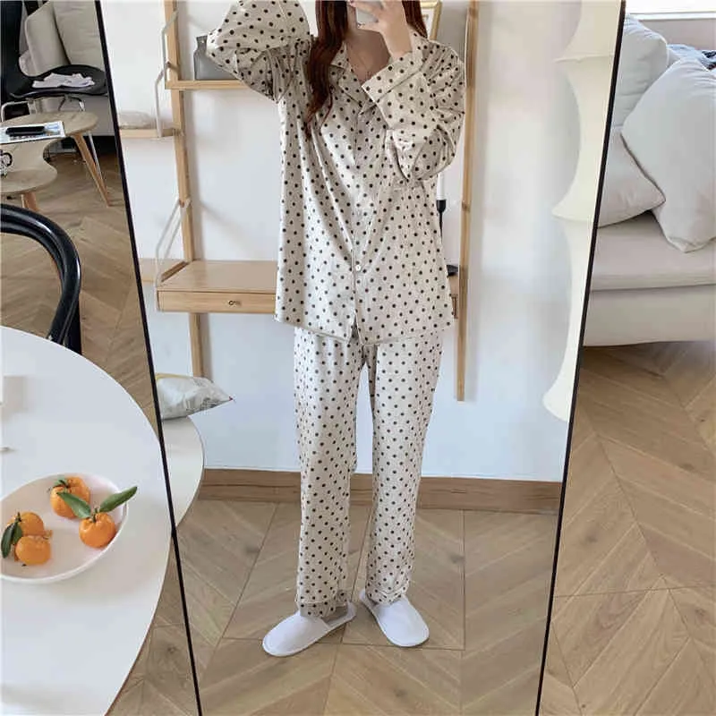 Två stycken kostym polka dot skriva ut nattkläder sött mjukt casual homewear elegant lös mode hem pyjamas set 210525