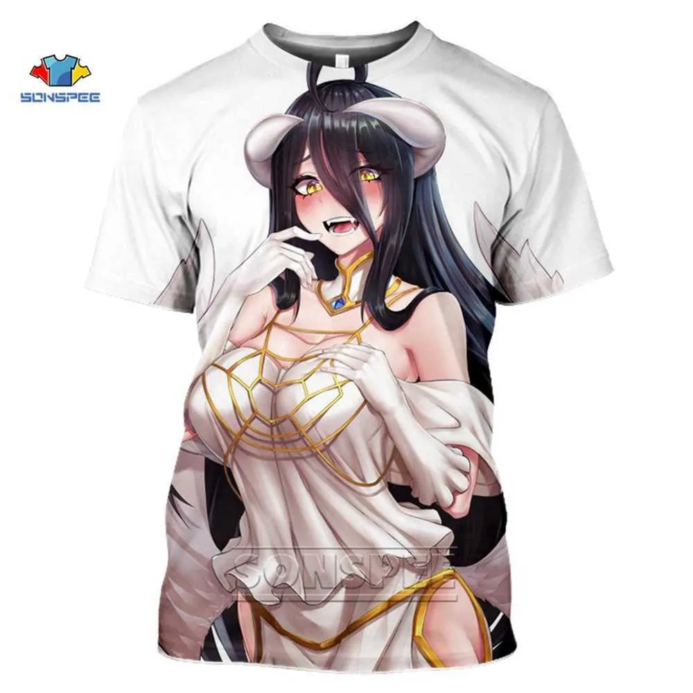 Sonspee Anime 3D Baskı Hip Hop Albedo T Gömlek Kadınlar Seksi Loli T-Shirt Gym Harajuku Yaz Üst Tees Komik Gömlek Homme Tişört X0621