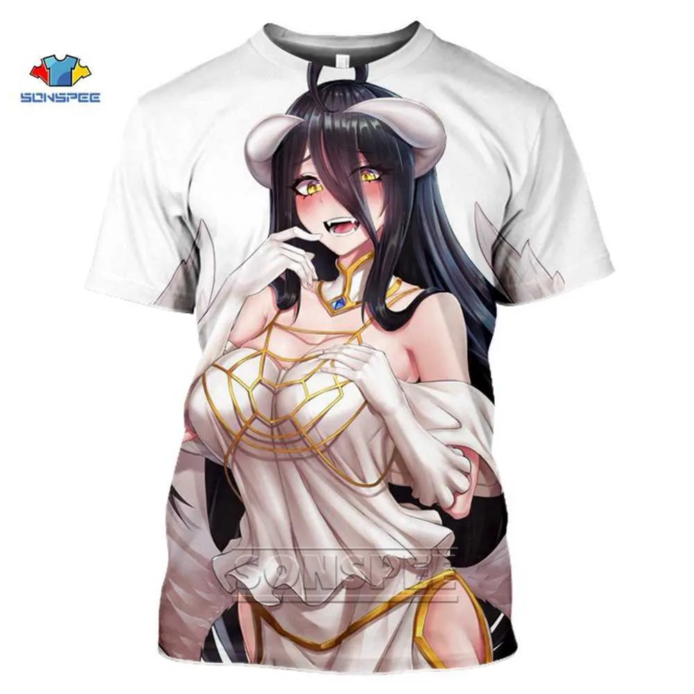 Sonspee Anime 3d Print Hip Hop Albedo T Shirt Kvinnor Sexig Loli T-shirts Gym Harajuku Sommar Topp Tees Funny Shirts Homme Tshirt X0621