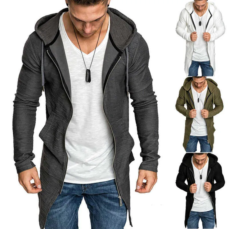 Mens Casual Hoodie Hooded Longline Zip Sweatshirt Trui Jas Uitloper Jas XL X0621