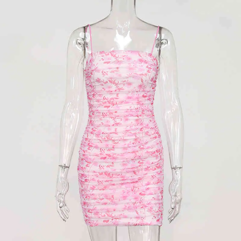 Colysmo maille robe de soirée femmes froncé Slim Fit moulante Mini robe rose été tenue de club dos nu imprimé fleuri robes Sexy 2020 X0521