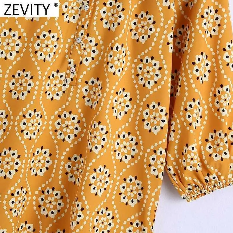 Zevity kvinnor vintage v nacke totem blommig utskrift sida split midi klänning kvinnlig singel breasted vestidos casual tröja klänningar ds8287 210603