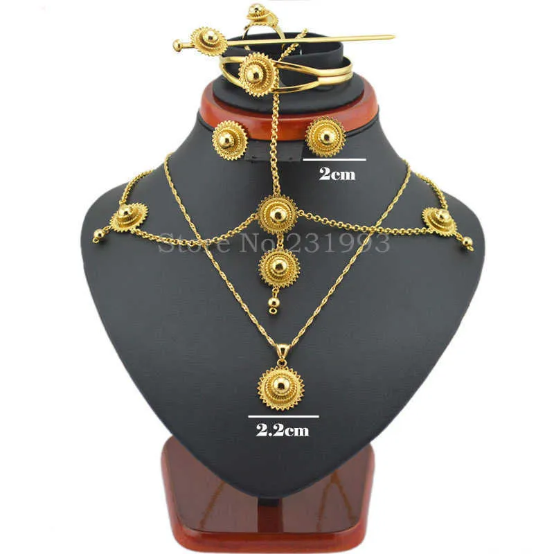 Ethlyn famosa marca de boda de oro tradicional etíope 6 piezas conjuntos de joyas de Color dorado africano nupcial Habesha conjuntos de joyas S48 H1022