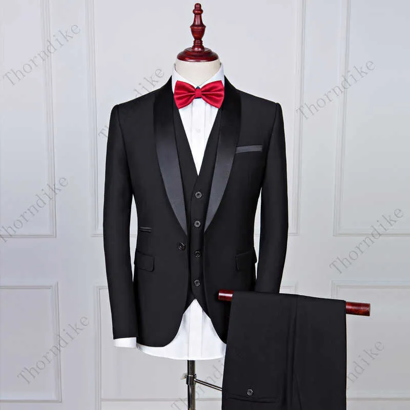 Thorndike Men Suits Black Fit Casual Groomsmen Army Lapel Business Tuxedos for Formal WeddingBlazer+Pants+Vest X0909