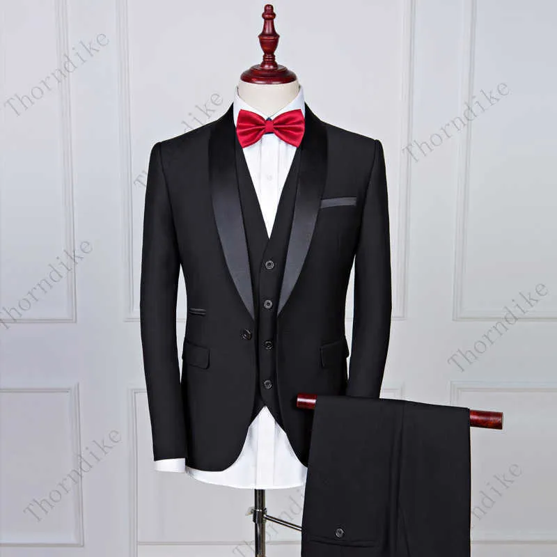 Thorndike Trajes de hombre 3 piezas Negro Fit Casual Padrinos de boda Ejército Solapa Esmoquin de negocios para boda formal Blazer + Pantalones + Chaleco X0909