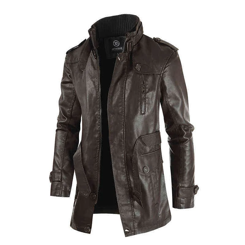 men's mid-length leather jacket with stand-up collar plus velvet large size men's belt warm and windproof PU jacket 211111