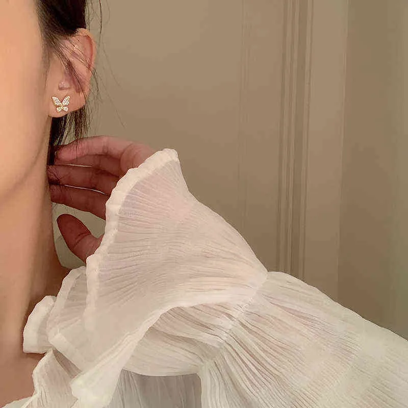MENGJIQIAO Koreanische Elegante Nette Strass Schmetterling Stud Ohrringe Für Frauen Mädchen Mode Metall Kette Boucle D'oreille Schmuck