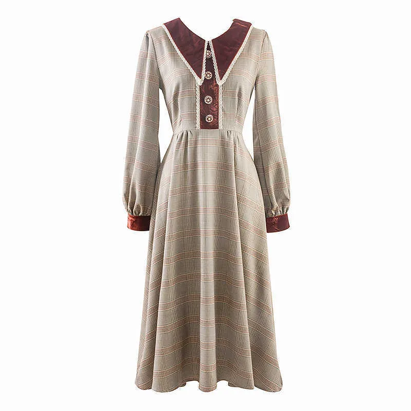 Kanske är du kvinnor khaki plaid dress button långärmad imperium vintage klänning elegant chic vårhöst d2206 210529