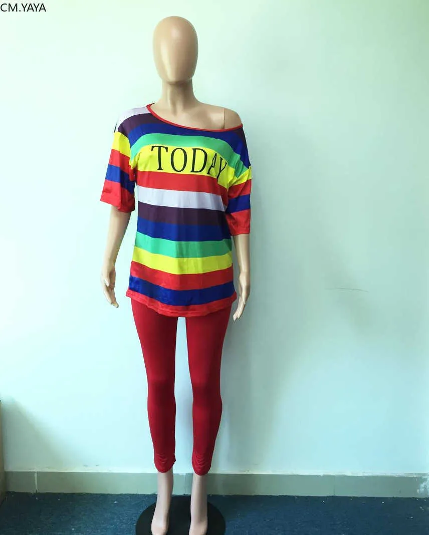 Autunno Sporting Women set T-shirt con stampa a righe a righe arcobaleno Pantaloni a matita skinny Tuta a due pezzi Tuta elegante GL136 210727