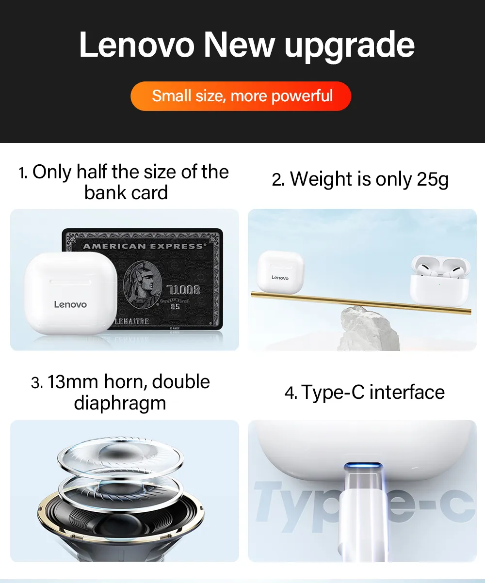 Orijinal Lenovo LP40 Kablosuz Kulaklıklar TWS Bluetooth Kulaklıklar Touch Kontrol Spor Kulağı Stereo Kulaklıklar Telefon için Android283M4891467