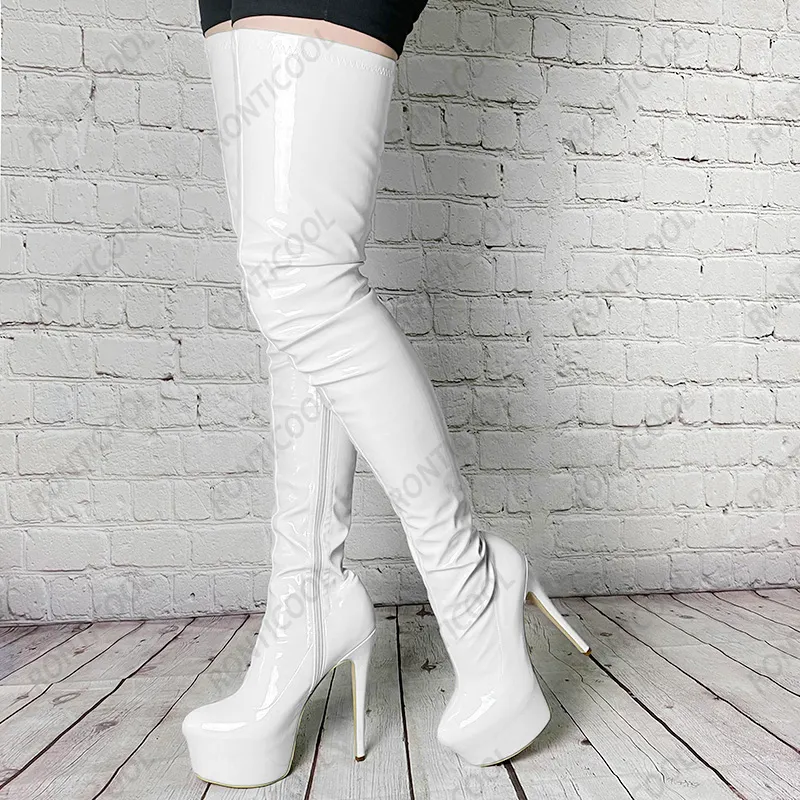 rontic new handmade 여성 겨울 플랫폼 허벅지 부츠 사이드 지퍼 스틸 레토 힐 라운드 발가락 13 색 파티 신발 미국 크기 5-20