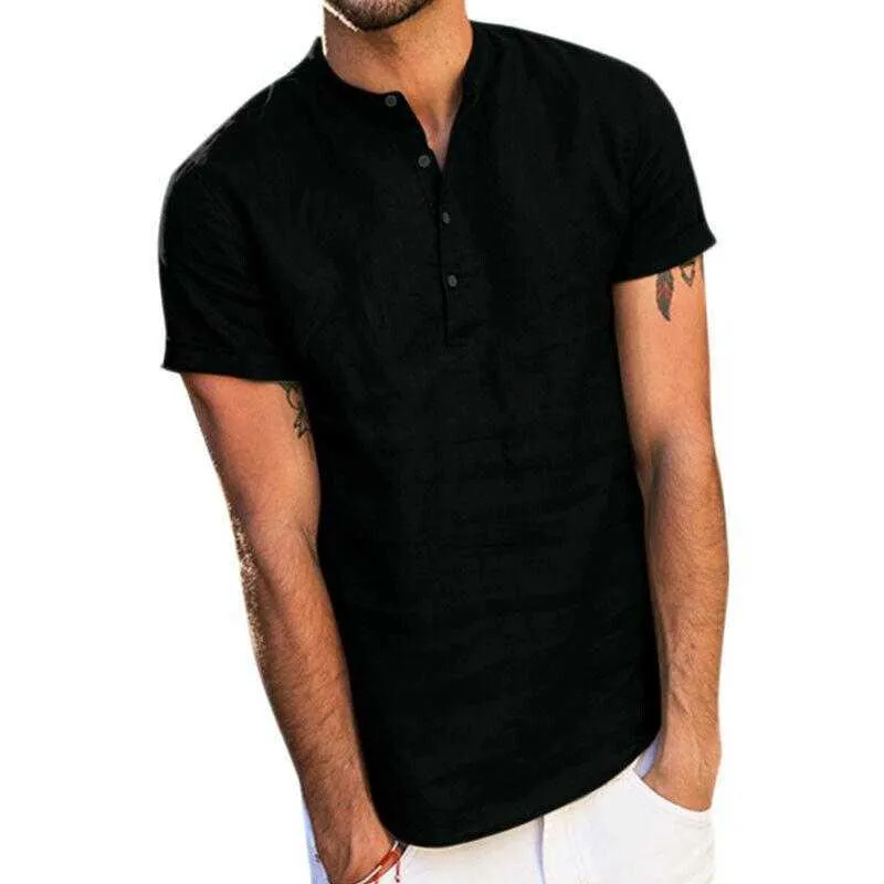 男性半袖リネンボタン Tシャツ O ネックファッション夏固体カジュアルコットンヘンリールーズブラウス Tシャツトップ男性服 Y0809