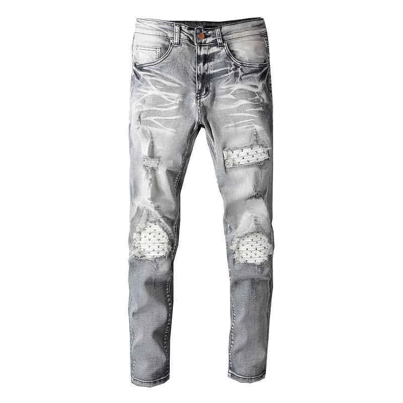 Hot Selling 2021 new style men's jeans A miri Light Grey Colorful Hole Patch Elastic Tight Legged Jeans #804