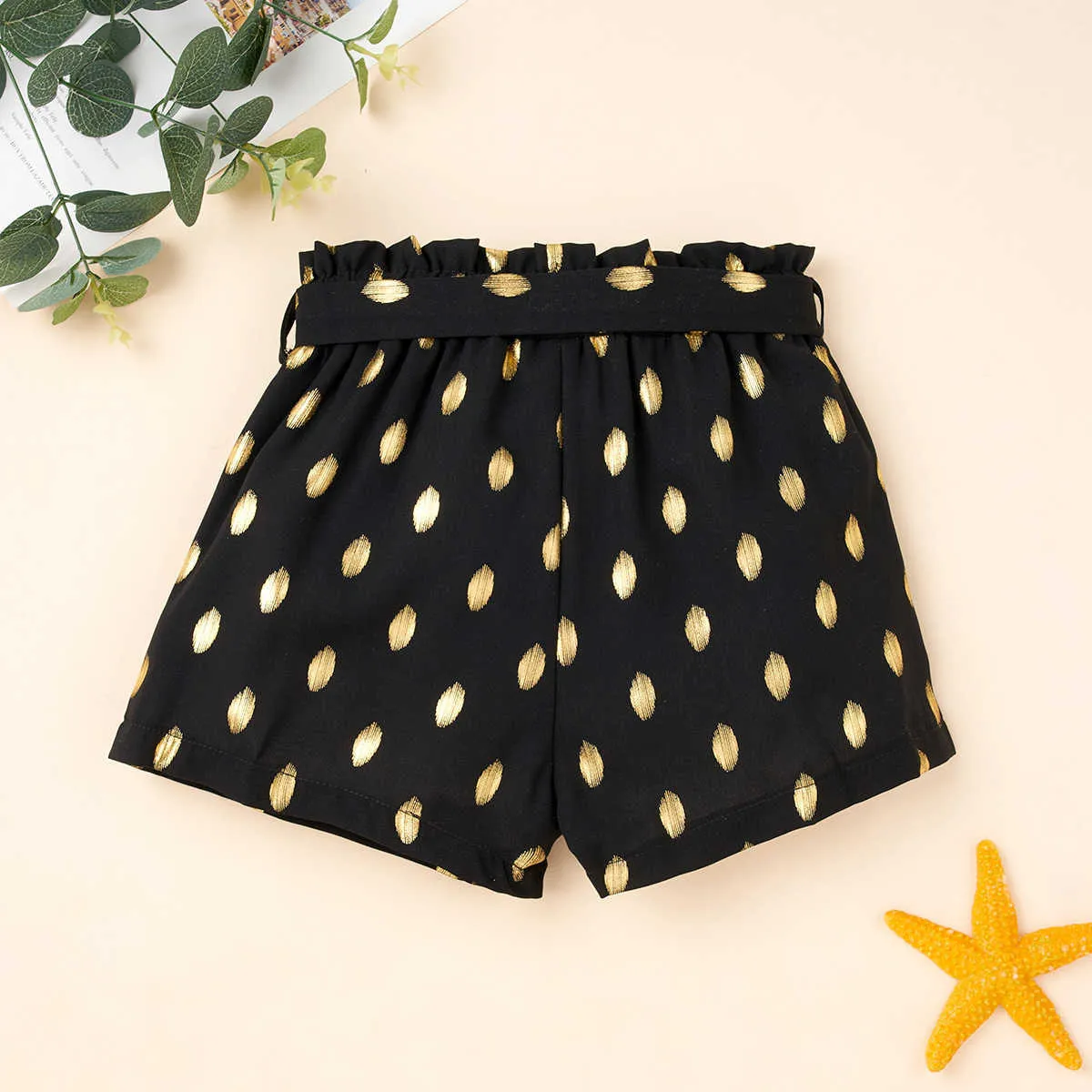 Flickor shorts sommar kort byxor guld färg blad tryckta bälte mode barn 210611