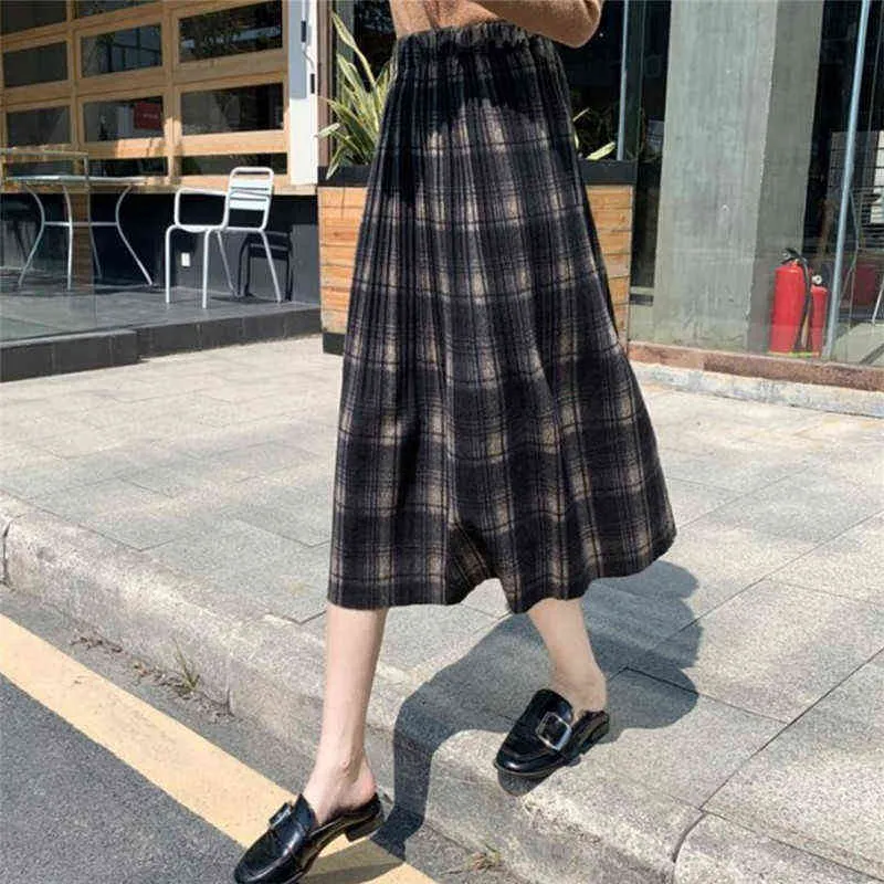 i vintage plaid lana gonne a pieghe elastico a vita alta inverno donna corea gonna di lana streetwear gonna longuette vestiti della ragazza 211120