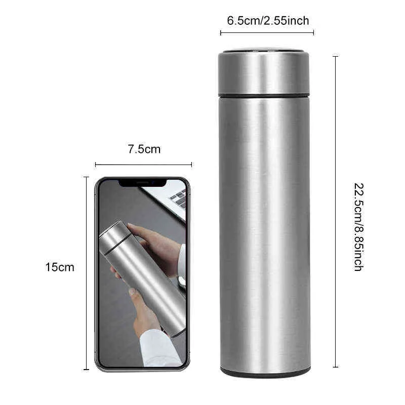 LCD Temperature Display Thermos 500ML Water Bottle Stainless Steel Smart Vacuum Insulated Flasks Leak Proof Keep & Cold Gym 211109