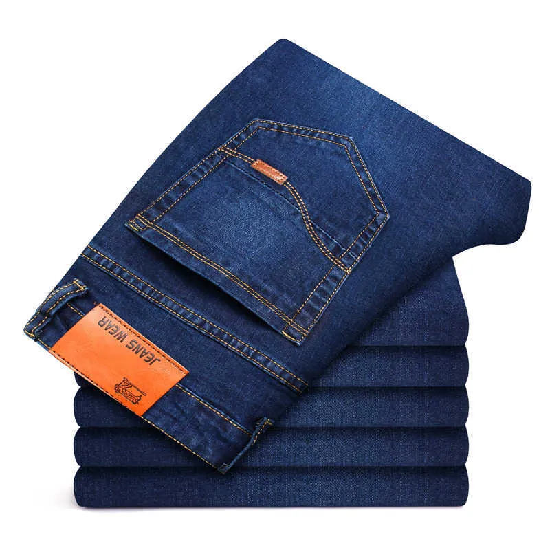 New Men Business Style Slim fit Straight Jeans Fashion Classic Blue Black male Stretch Casual denim trousers X0621