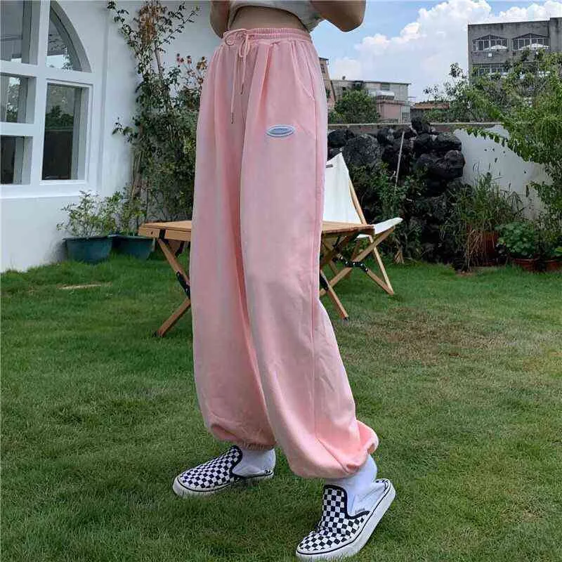 HOUZHOU large jambe rose pantalon été Hip Hop Streetwear surdimensionné sport mode coréenne Joggers femmes lâche taille haute pantalons de survêtement 211112