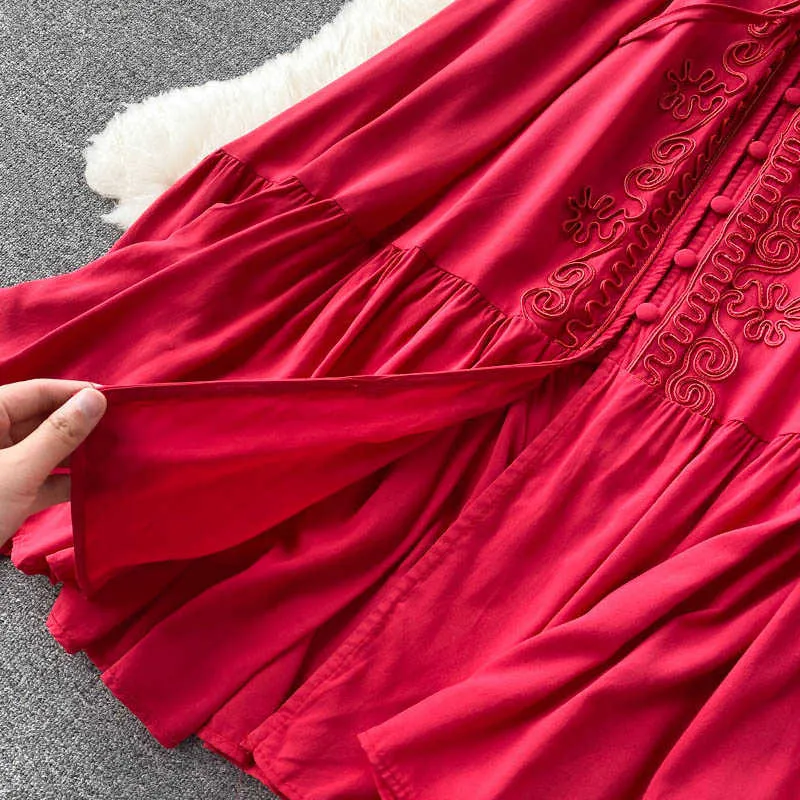 Rot/Weiß Gesticktes Kleid Frauen Frühling Herbst Elegante V-ausschnitt Einreiher Hohe Taille Schlank Puff Langarm Vestido 2021 neue Y0603