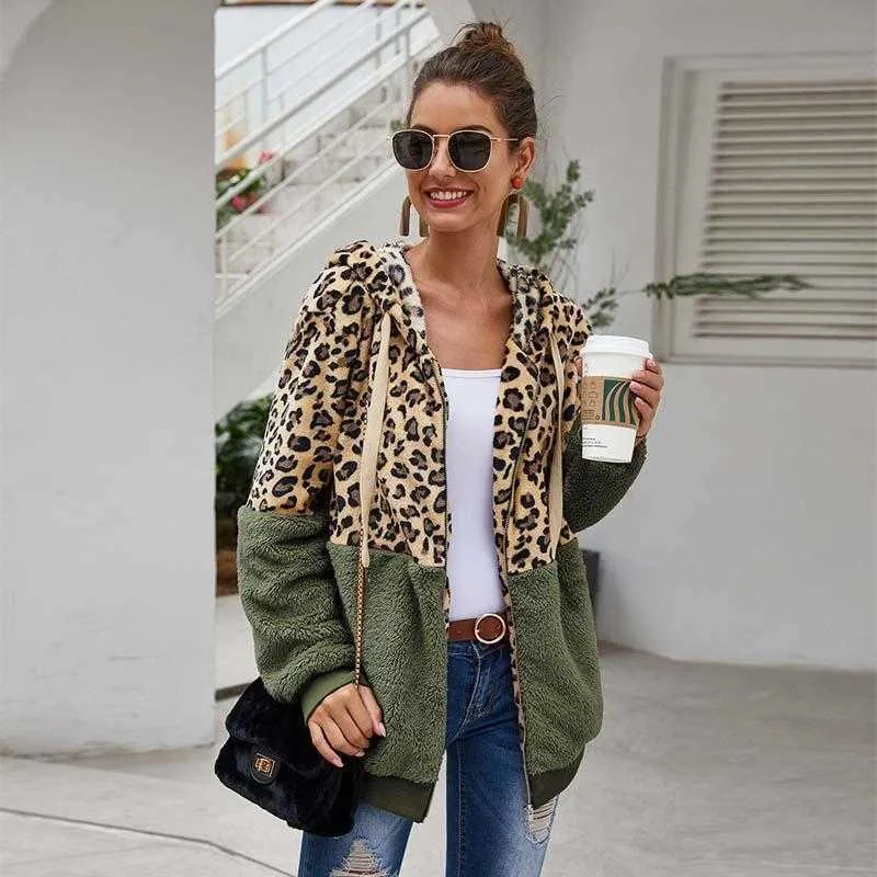 2021 jesień płaszcz ze sztucznego futra kobiety Leopard pluszowy płaszcz panie pluszowy płaszcz zimowy z kapturem kobiety puszyste futro pluszowa kurtka kobieta Y0829