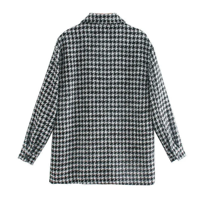 evfer women streetwear 검은 격자 무늬 느슨한 가을 outwear 재킷 여성 패션 단일 브레스트 houndstooth 두꺼운 코트 재킷 210922
