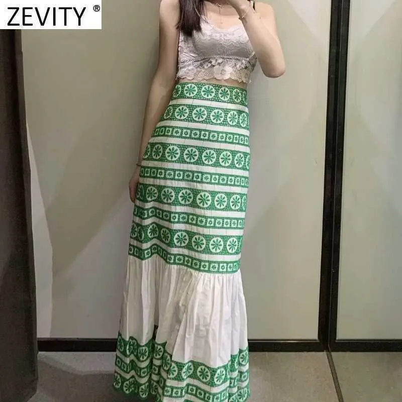 Zevity Women Vintage Green Floral Broderi Patchwork Hem Ruffle Kjol Faldas Mujer Kvinna Sida Zipper Casual Midi Qun808 210708