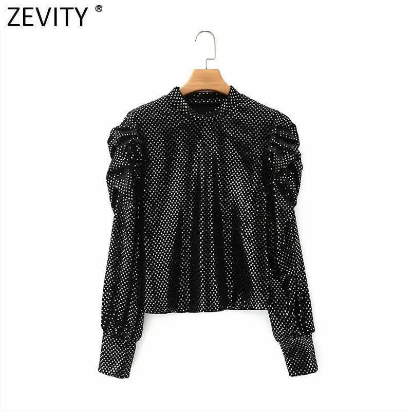 Zevity Femmes Mode Col Montant Paillettes Casual Velours Smock Blouse Dame Plissée Manches Bouffantes Blusas Femme Chemises Tops LS7571 210603