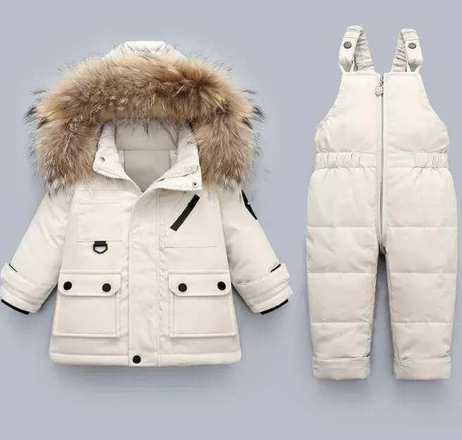 2021 Winter Jackets for Boys Kids Snowsuits Girl Duck Down Coat Natural Fur Outerwear Children Warm Overalls Baby Jumpsuit