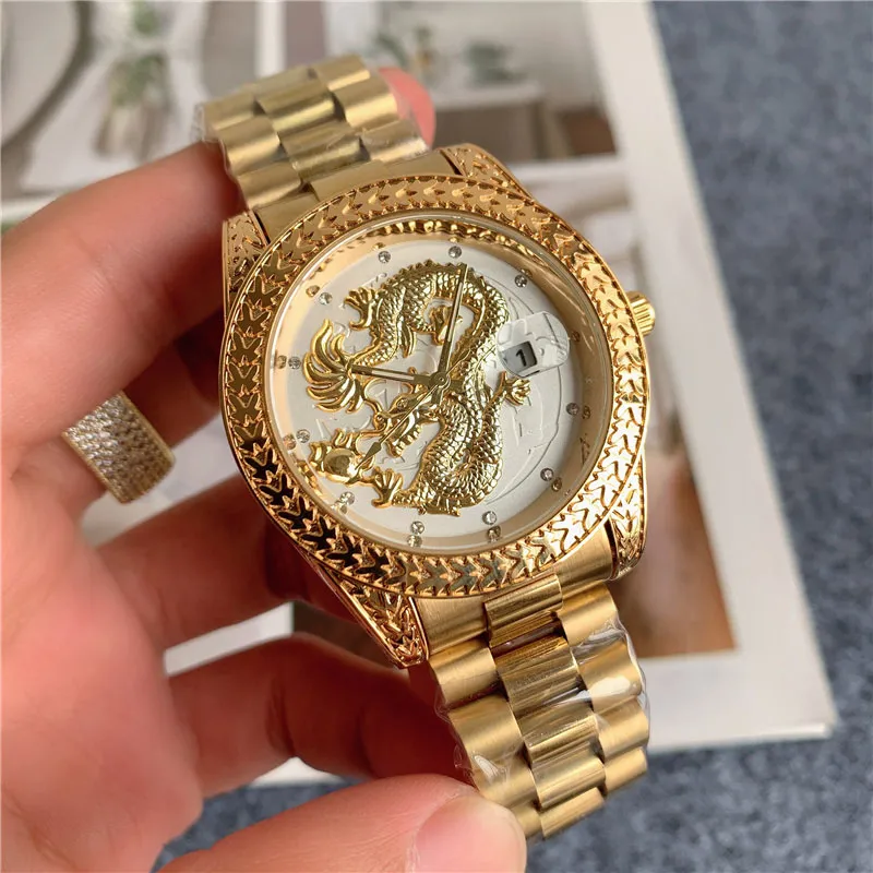 Fashion Bonne qualité Top Brand Watches Men Chinese Dragon Style Metal Steel Band Quartz Wrist Watch x145