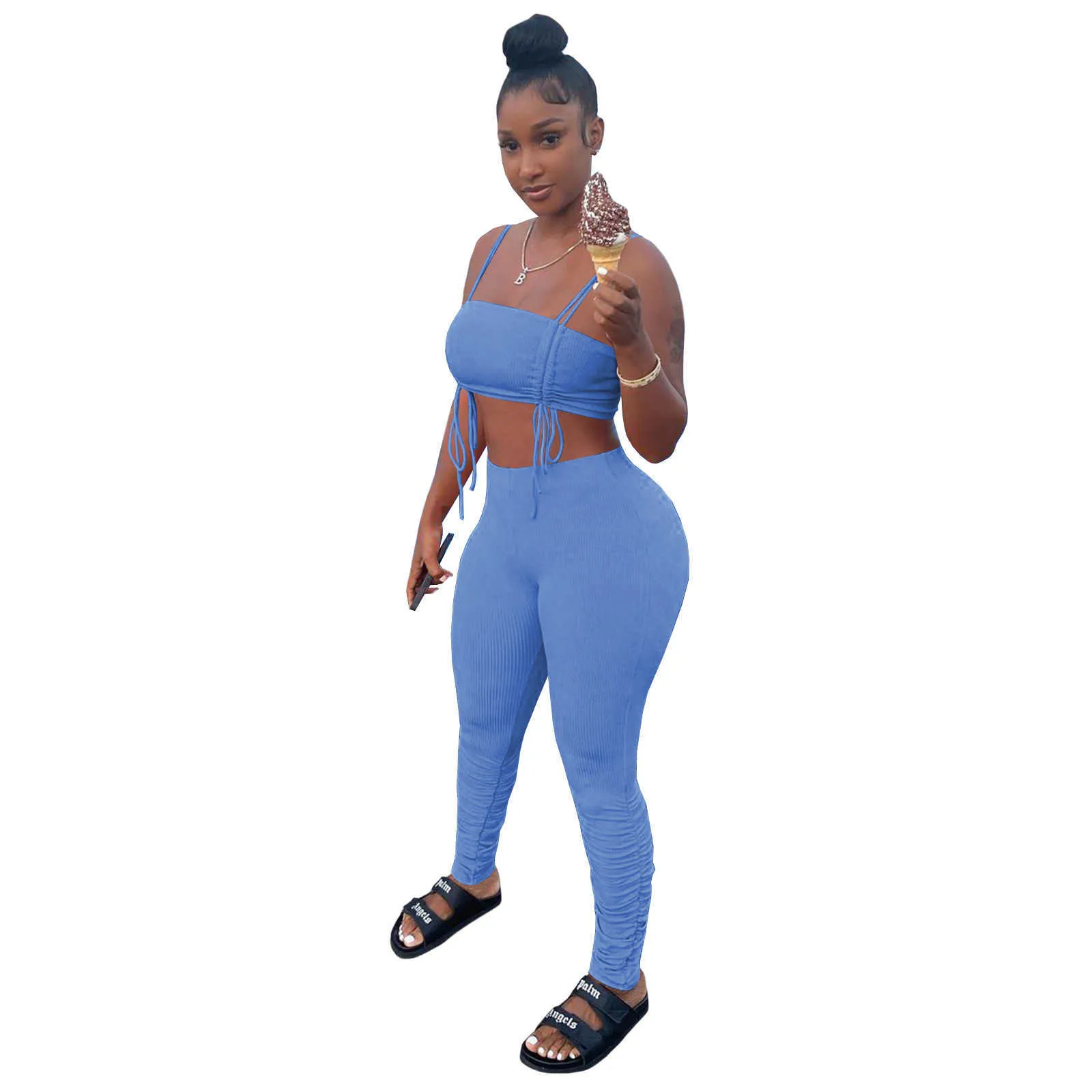 Vrouwen buiten tweedelig broek set 2022 lente en zomers gebreide suspender trekkoord tracksuits backless rekbare geplooide broek outfits