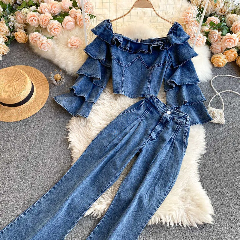 Slim set vintage oversize oversize blu o collo arruffato denim blusa camicetta con cerniera crop top in vita flare pantaloni jeans moda primavera vestiti 210610