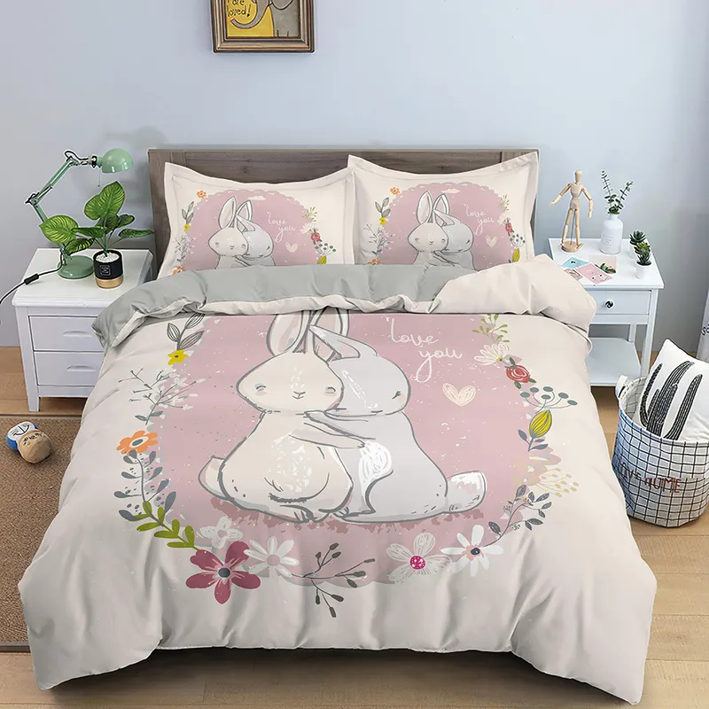 子供の寝具セットギフトかわいいバニー印刷ベッドセットキッズガールズボーイズ2/220212のポリエステル羽毛布団カバー
