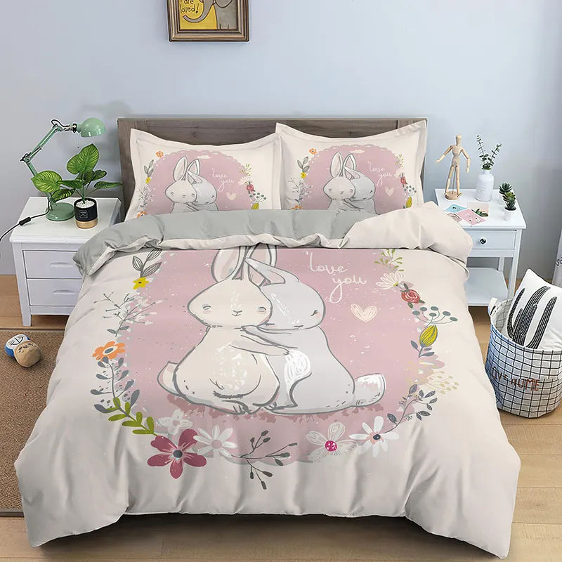 Children Bedding Sets Gifts Cute Bunny Printing Bed Set Polyester Duvet Cover For Kids Girls Boys 2/220212