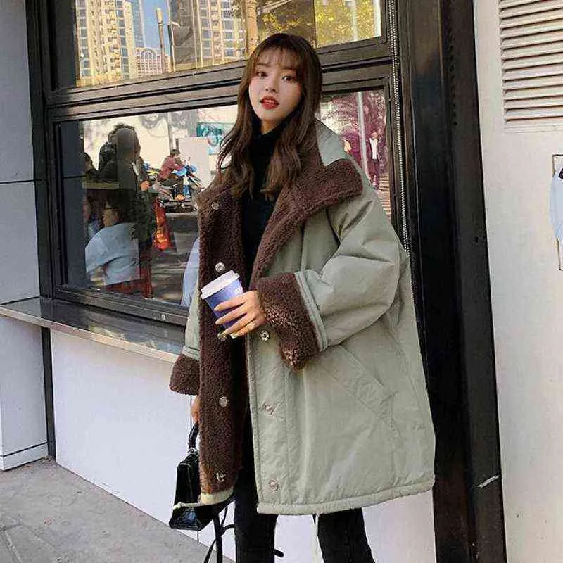 Versione coreana di utensili addensati studenti sciolti, entrambi i lati indossano un cappotto di lana di agnello, giacca imbottita invernale da donna 211216