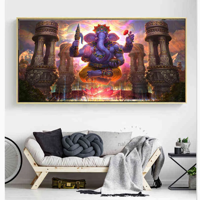 Väggkonsttryck Lord Ganesha Vinayaka Ganapati Staty Buddha Målning Religion Konst Gyllene elefant Dekorativa målningar H1110