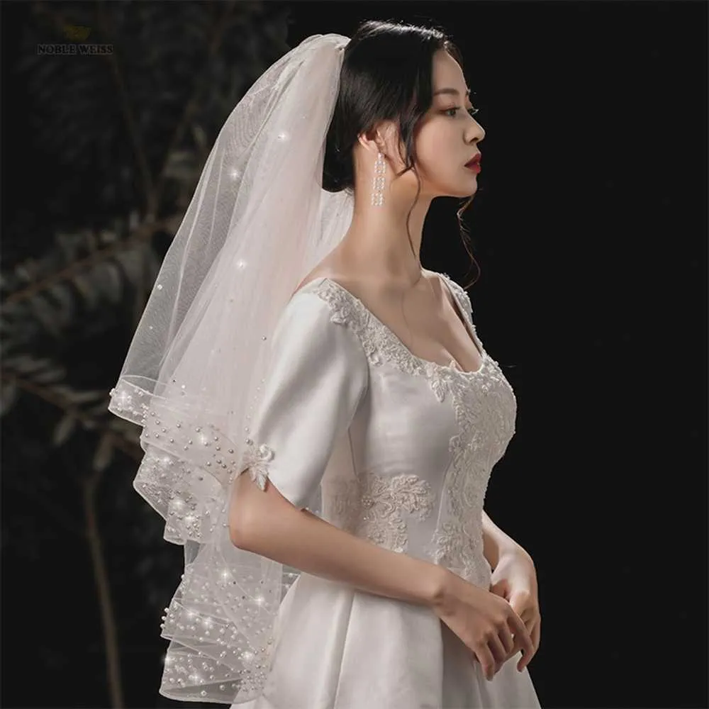 Beaded Wedding Veils Two Layers Bride Veil With Stretch Mesh Tulle Veils Accessories X0726
