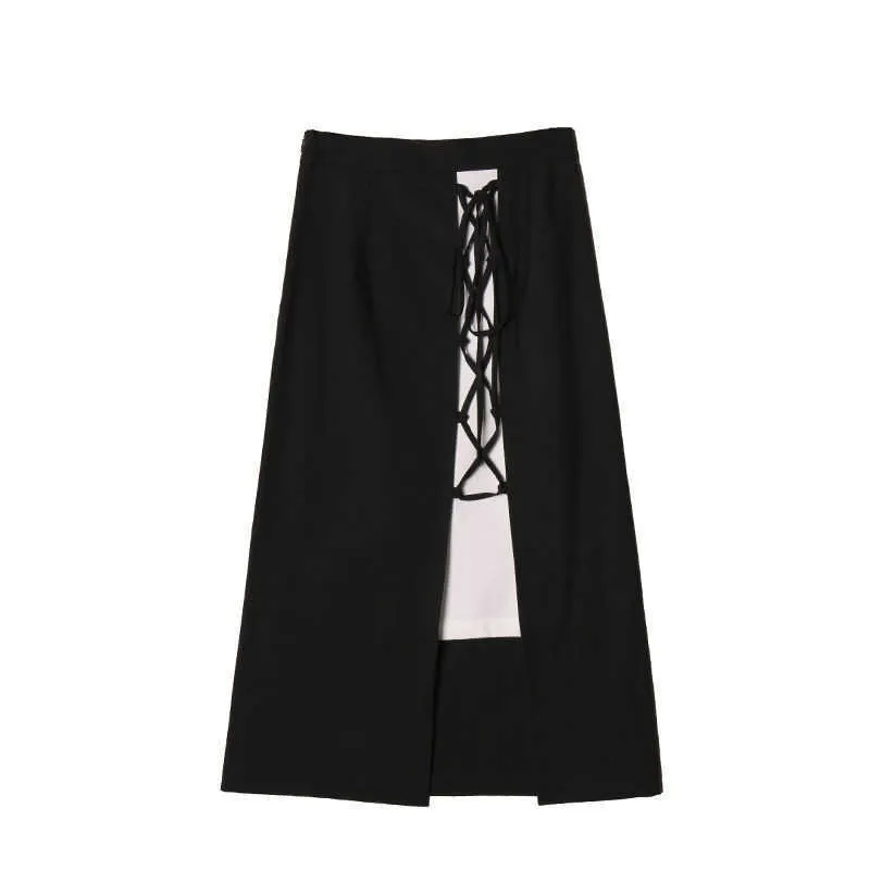 Fashion Lace Up Long Skirt Womens Summer High Waist Skirts Black White Patchwork Gothic Midi Streetwear Faldas Largas Mujer Etek 210619