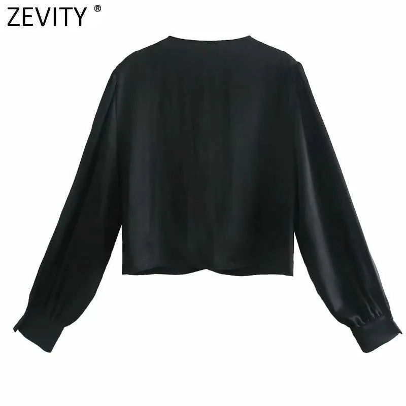 Zevity femmes mode croix col en V anneau noué court blouse blouse femme solide Kimono Satin chemises Chic Blusas hauts LS7472 210603