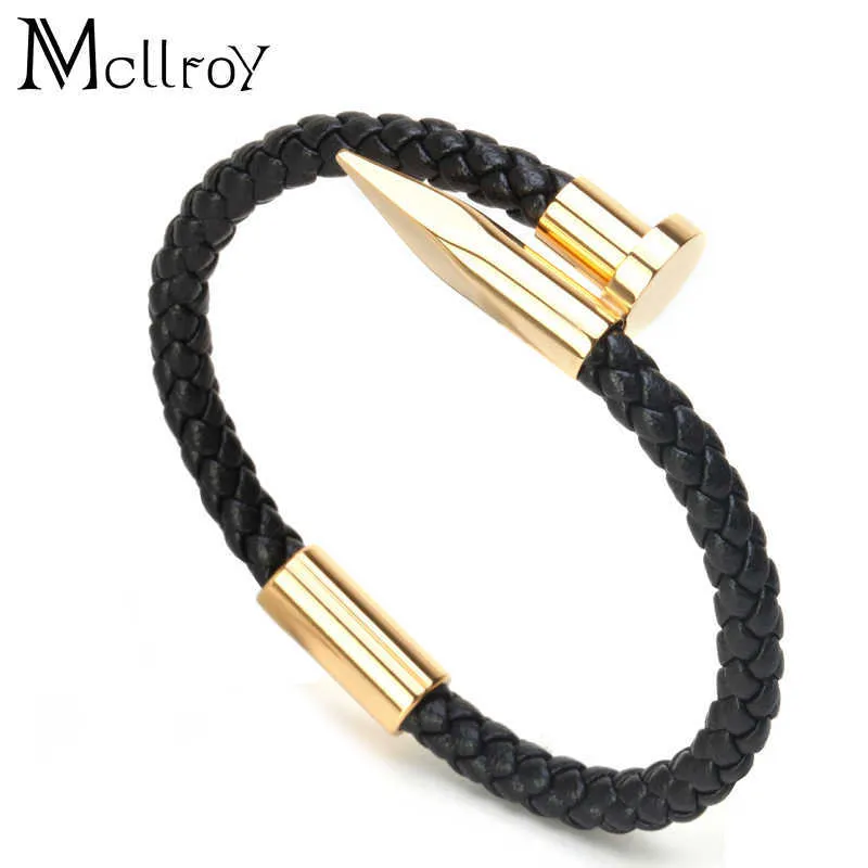 Mcllroy -armband män brackelts armband pulseiras 6mm väv äkta läder nagelarmband charm kärlek manschett armband masculina273m