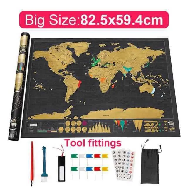 Deluxe Erase World Travel Map Scratch Off för Room Home Office Decoration Wall Stickers 210726