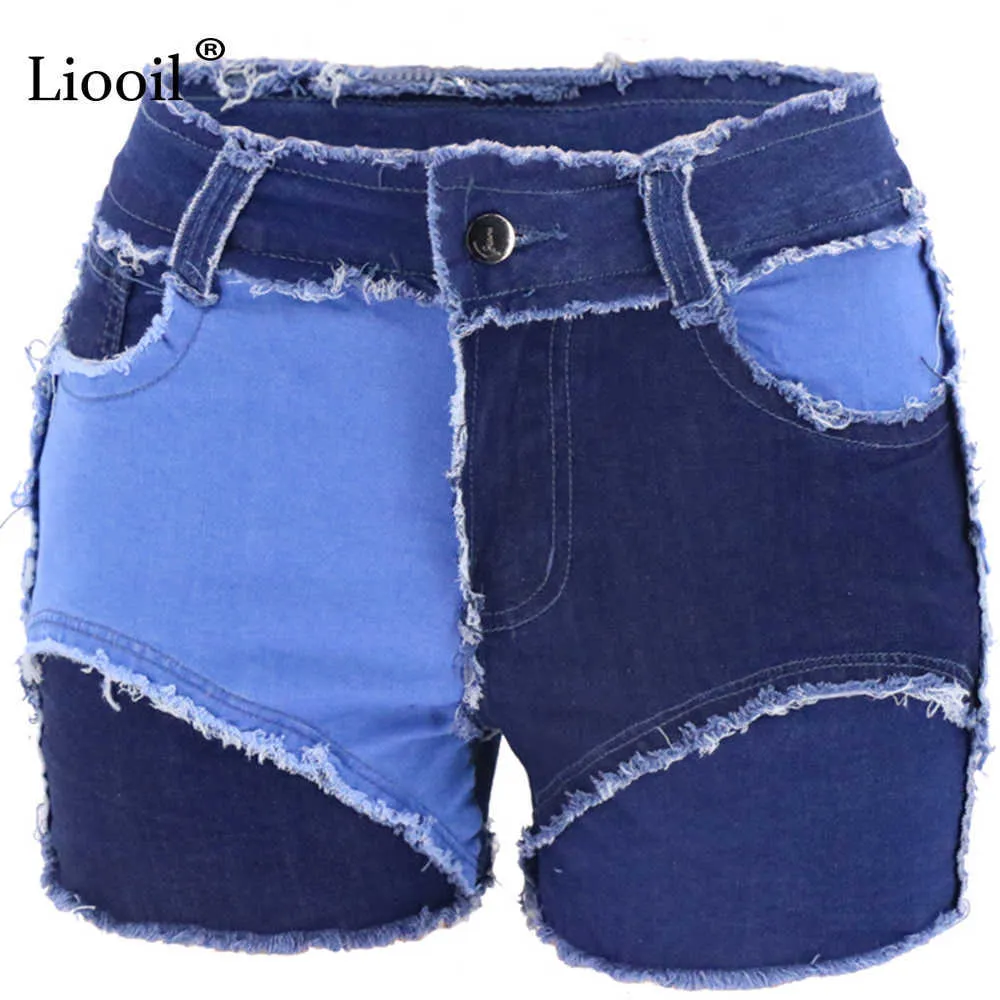 Liooil Patchwork Algodão Tassel Sexy Denim Shorts Mulheres Mid Cintura Verão Verão Pockets Block Block Skinny Jean 210719