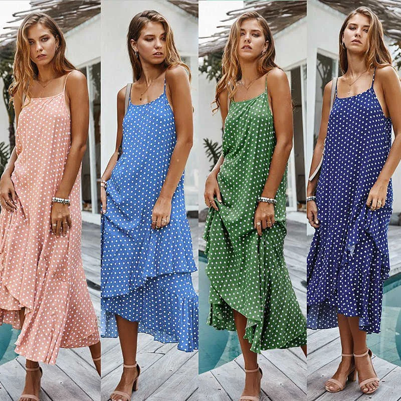 Polka dot maxi klänningar kvinnor sexig sling ärmlös sommar casual lady ruffles oregelbunden ben boho beach vestidos 210526