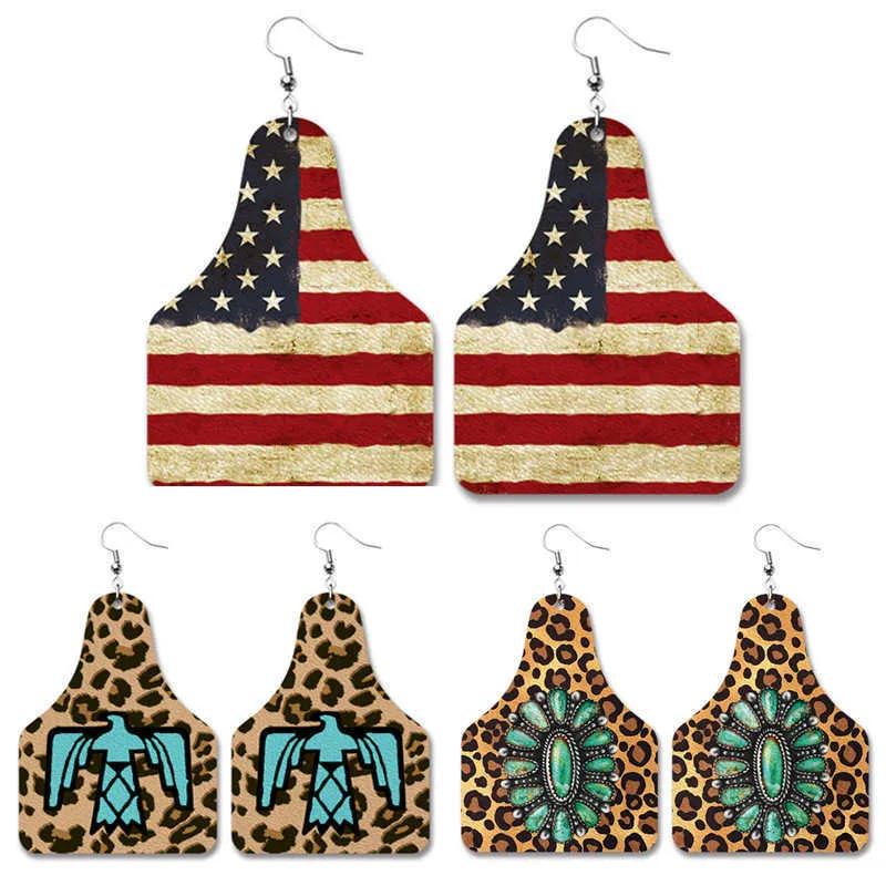 Pu Leather Earring Statement Geometric Thunderbird American Flag Western Cowboy Print Vintage Trendy Unique Retro Drop Earrings X0709 X0710