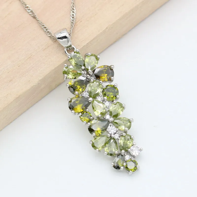 Green Peridot 925 Silver Jewelry Sets for Women Stones Earrings Necklace Pendant Ring Gift8481591