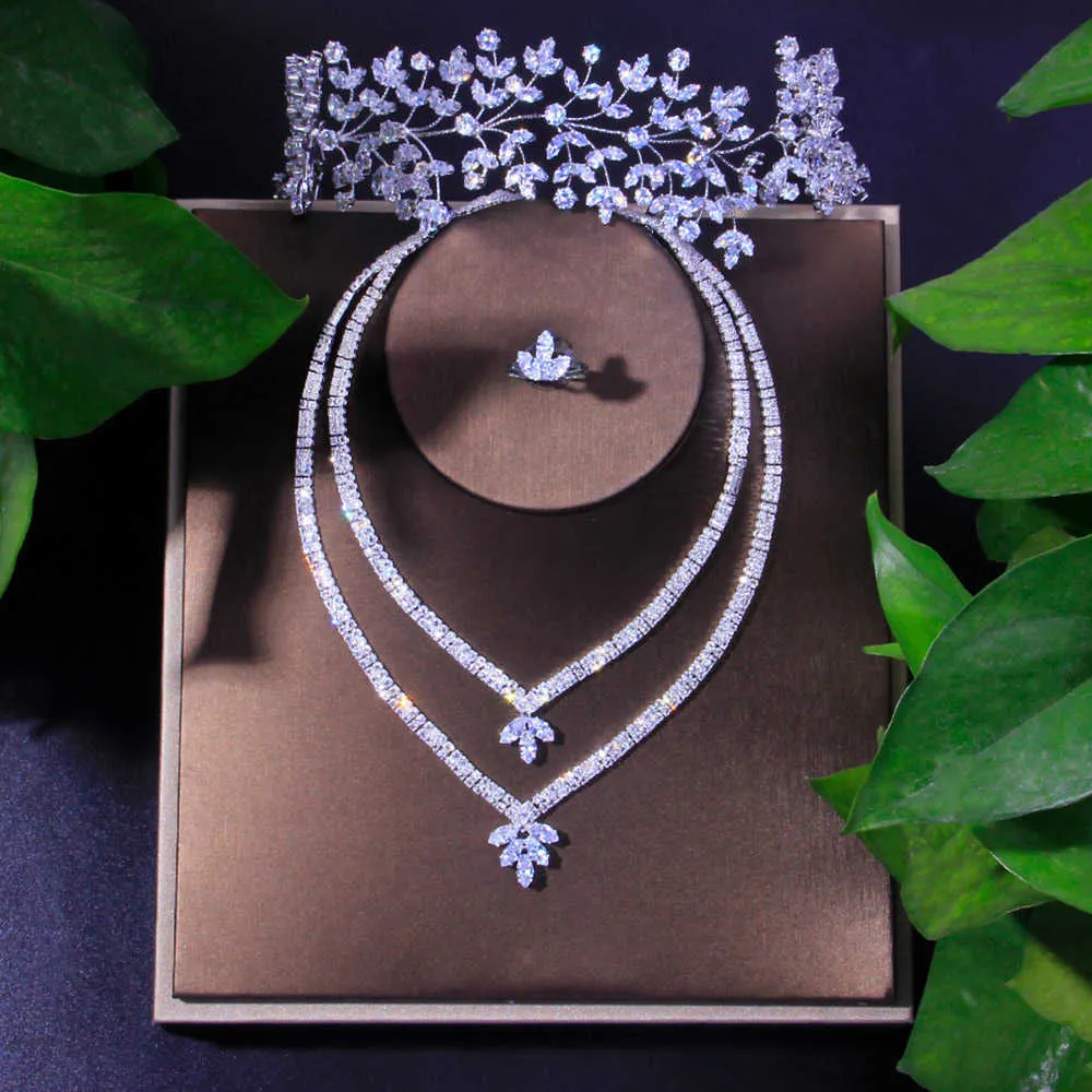 Bling Cubic Zirconia Bridal Jewelry Sets Wedding Indian for Women Dubai Luxury Tiaras AAA CZ Necklace Set Party Jewellery H1022