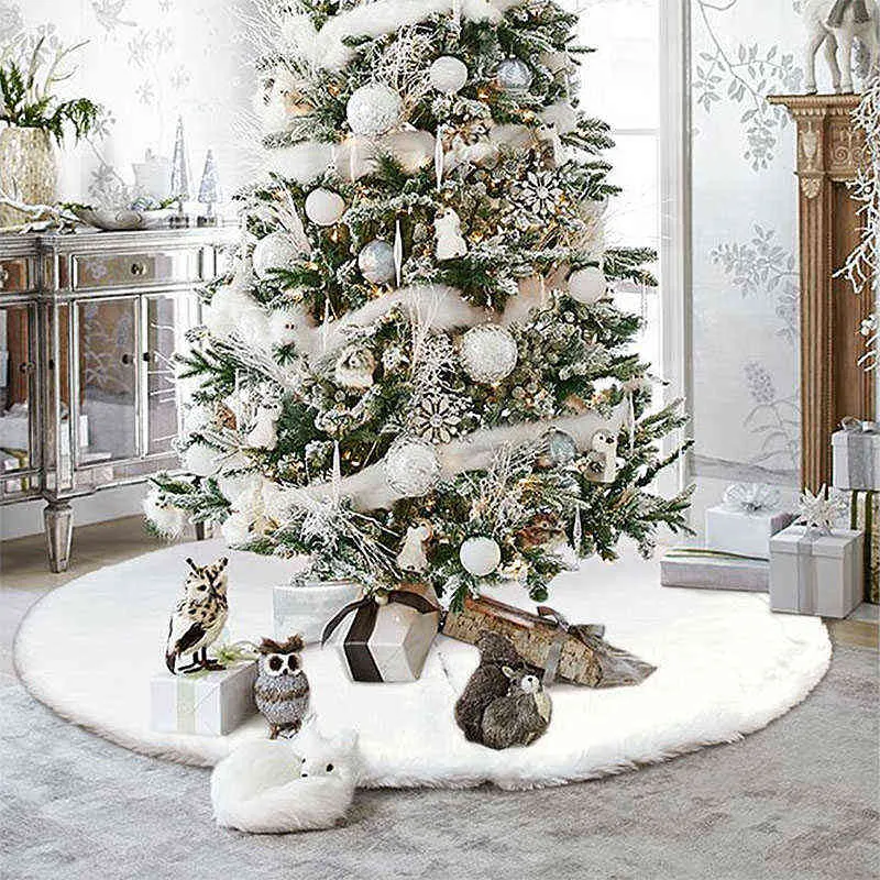 Biała Choinki Spódnica Pluszowe Faux Futro Xmas Drewno Dywan Wesołych Świątecznych Dekoracji Ornament Rok Navidad Home Decor 211104