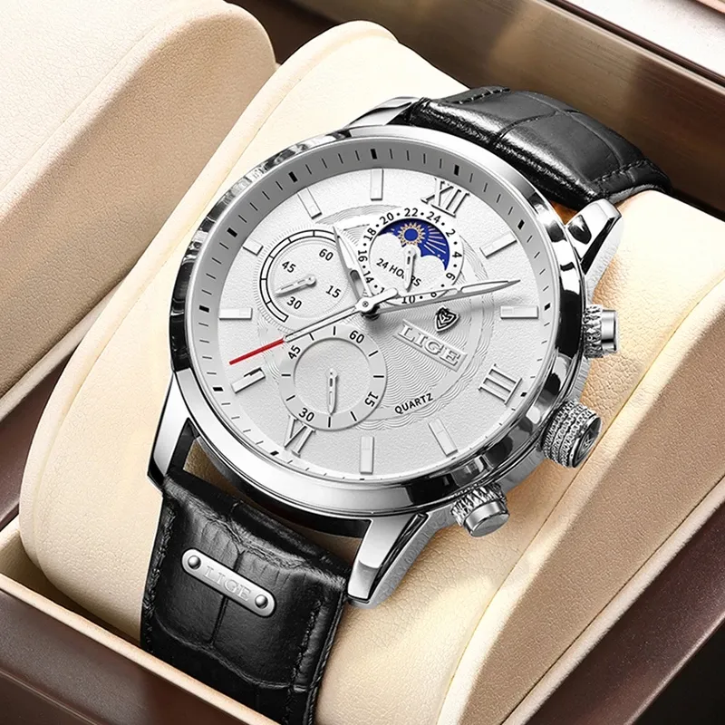 2021 часы LIGE, мужские часы высшего бренда, роскошные часы, повседневные кожаные часы с 24 часами фазы луны, мужские часы, спортивные водонепроницаемые кварцевые часы с хронографом, uh234k